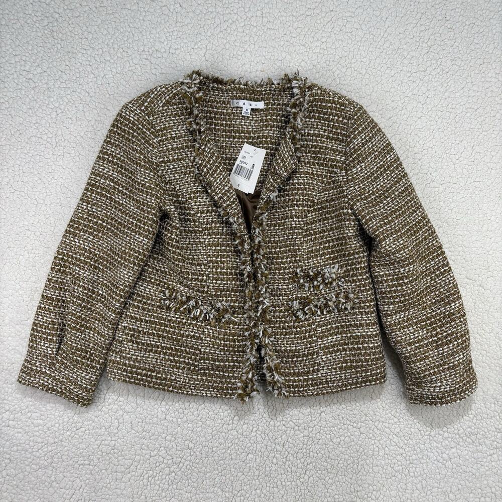 NWT CAbi 343‎ Bronze Phoebe Metallic Tweed Fringe Blazer Womens Small 3/4 Sleeve